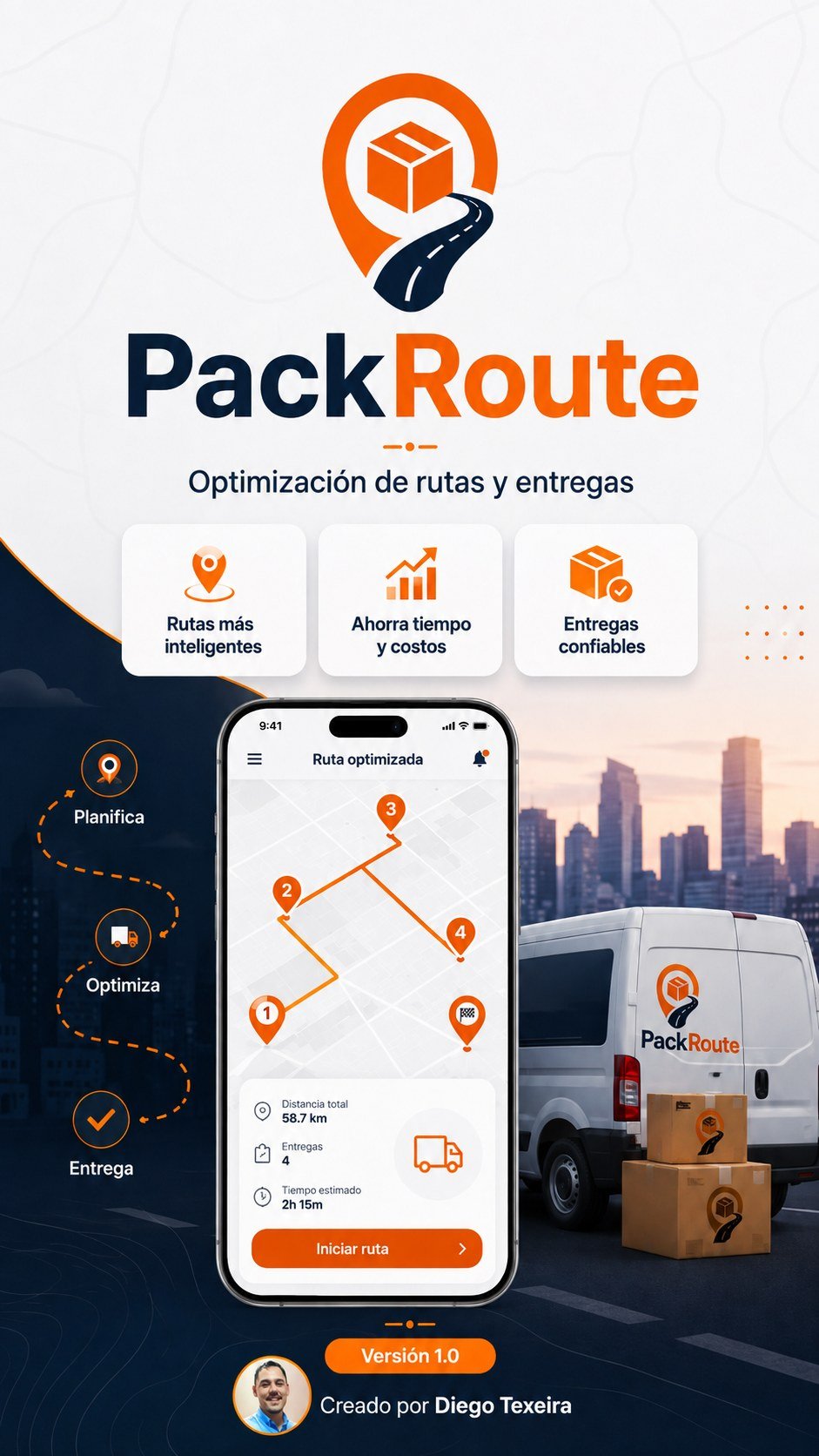 PackRoute, optimización de rutas y entregas, versión 1.0, creado por Diego Texeira